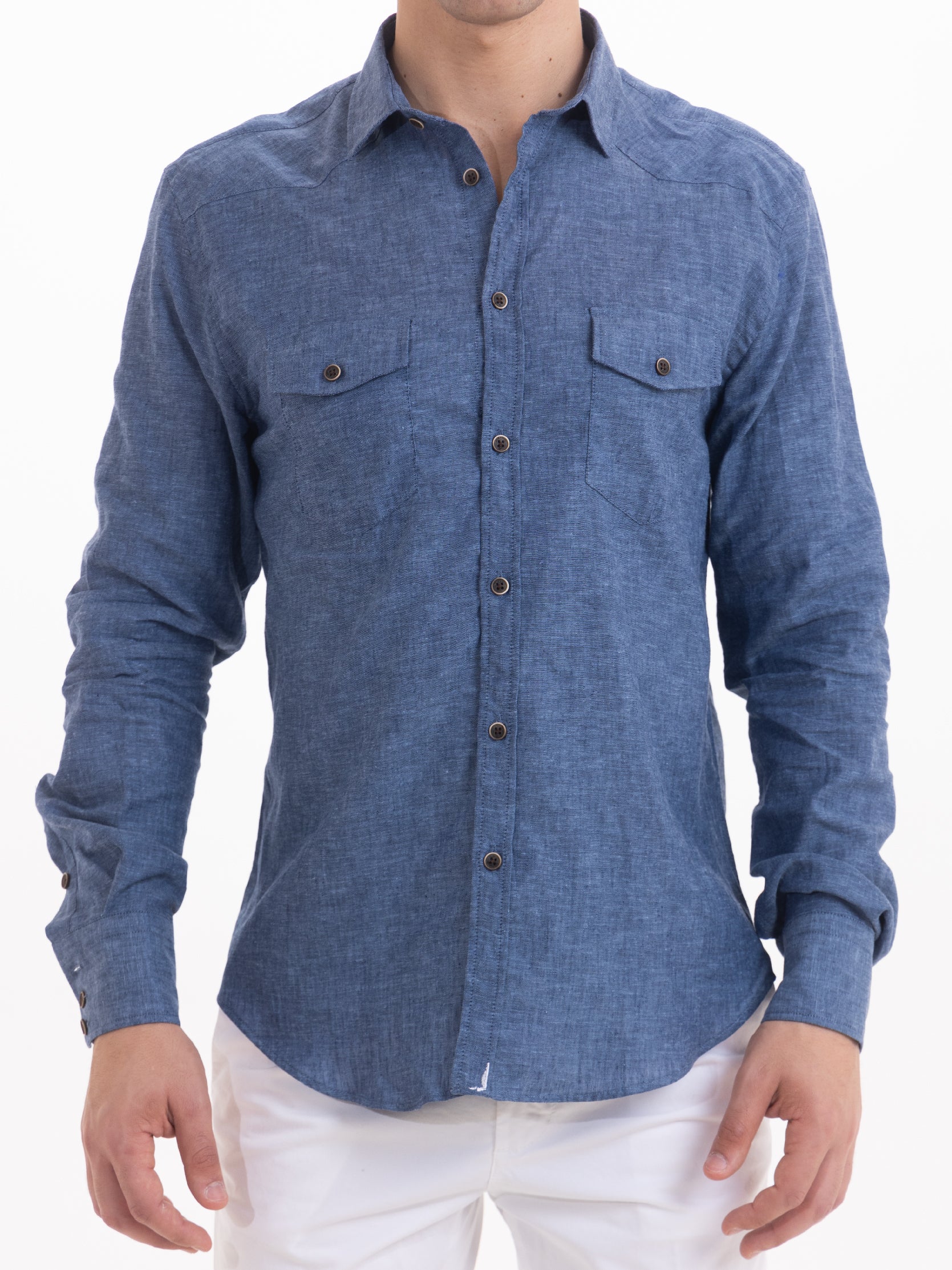 Gold Rush Uomo Camicia Lino Blu J. Texas
