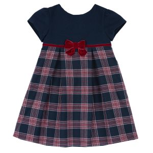 Abito CHICCO, color blu e tartan scozzese sul rosso, fiocco centrale