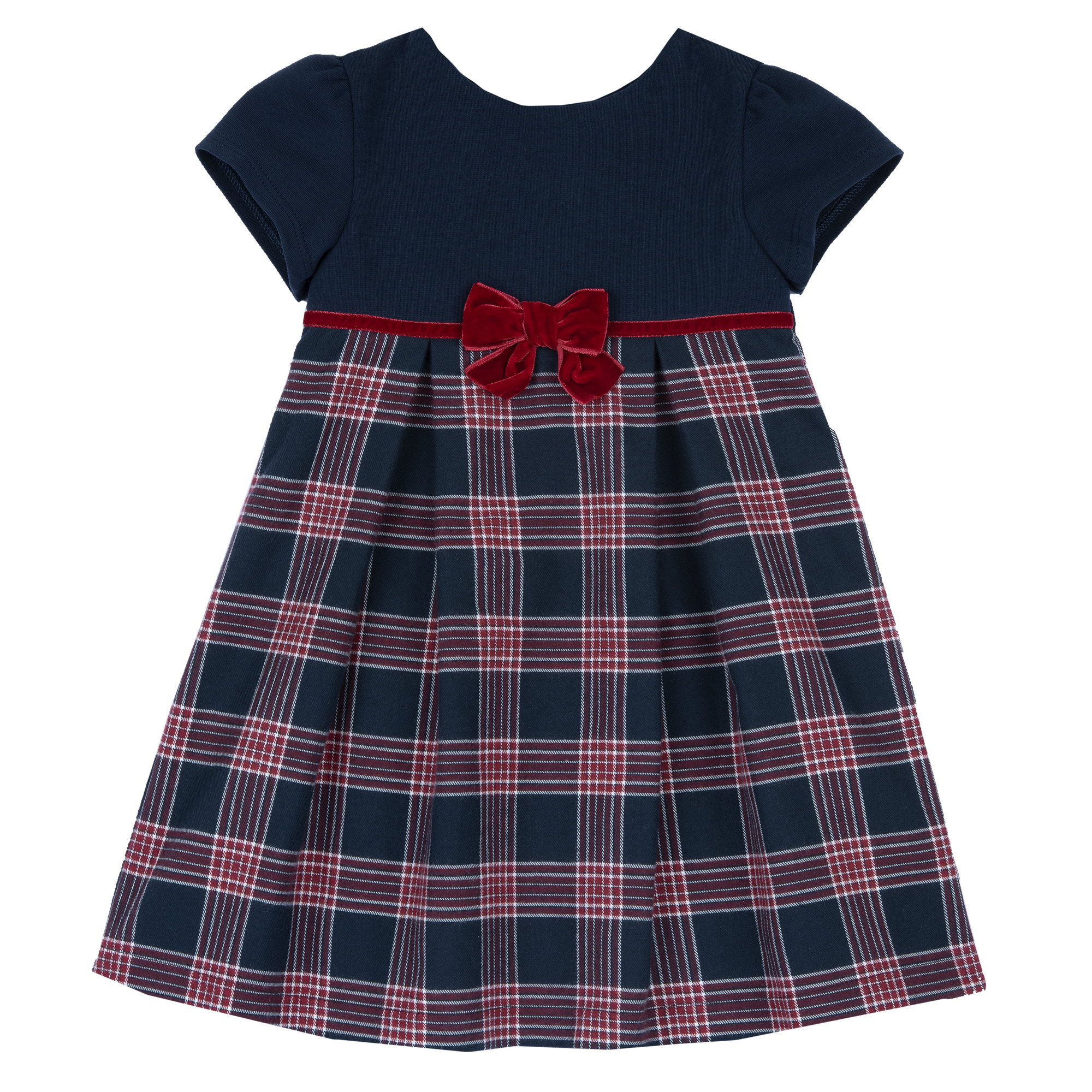 Abito CHICCO, color blu e tartan scozzese sul rosso, fiocco centrale - immagine 2