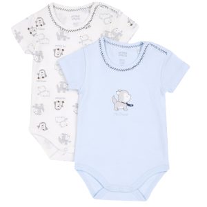 Set 2 body CHICCO mezza manica in cotone invernale color azzurro e bianco . Disegno cagnolino con cravatta