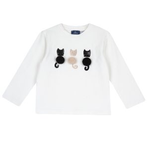 T-shirt manica lunga CHICCO, 100% cotone color panna con ponpom gattini