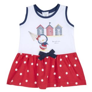 Abito prendisole estivo CHICCO per neonata bianco blu e rosso, tema pinguinetta