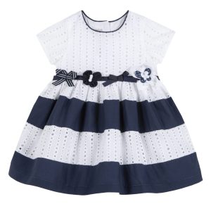 Abito CHICCO  per neonata in cotone color bianco e blu in sangallo