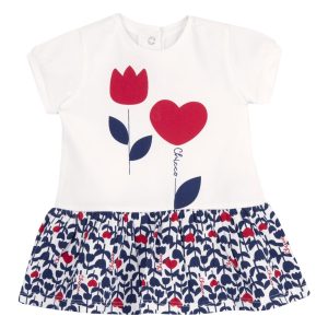 Abito CHICCO in cotone estivo per bambina color bianco e blu tema tulipani