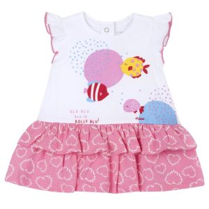 Abito CHICCO in cotone estivo per bambina tema mare color bianco e rosa