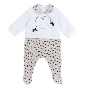 Tutina pigiamino CHICCO, manica lunga, modello girocollo color beige e panna – cuoricini animalier
