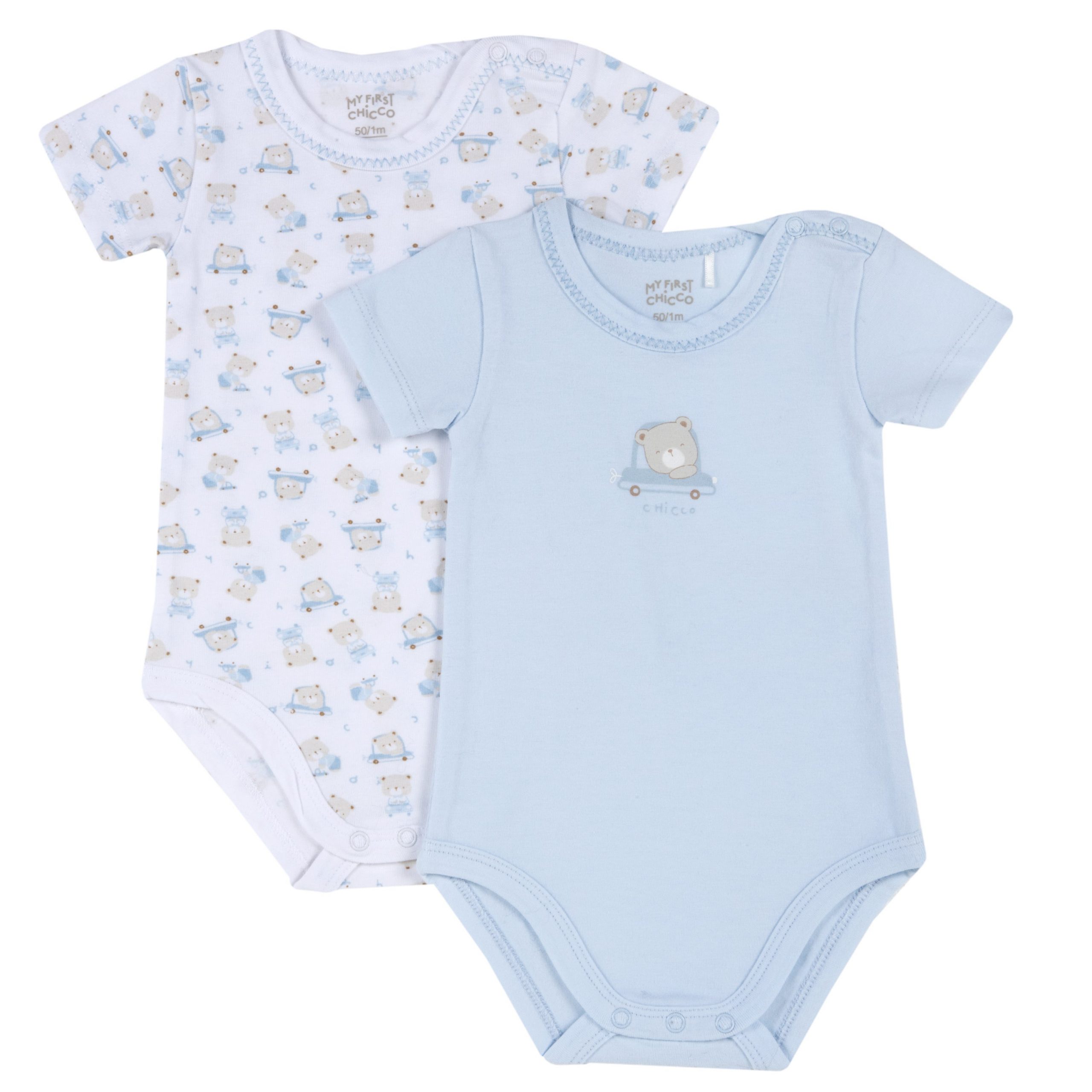 Set 2 body CHICCO mezza manica in cotone primaverile. Disegno orsetto su macchinina