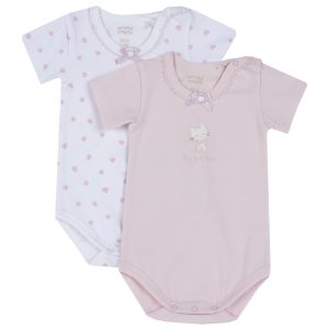 Set 2 body CHICCO manica corta per neonata. Bianco e rosa con stampa gattina e cuoricini