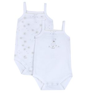 Set 2 body CHICCO spalla stretta per neonata. Bianco tema paperetta