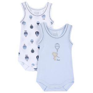 Set 2 body CHICCO spalla larga per neonato. Bianco e azzurro con mongolfiere