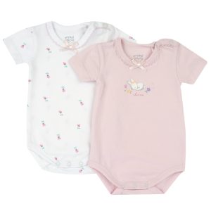 Set 2 body CHICCO mezza manica per neonata. Bianco e rosa con coniglietta e fiorellini