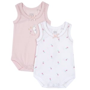 Set 2 body CHICCO spalla larga per neonata. Bianco e rosa con coniglietta e fiorellini