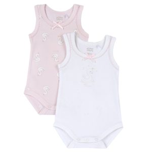 Set 2 body CHICCO smanicati in cotone estivo color rosa e bianco . Tema dolce cigno