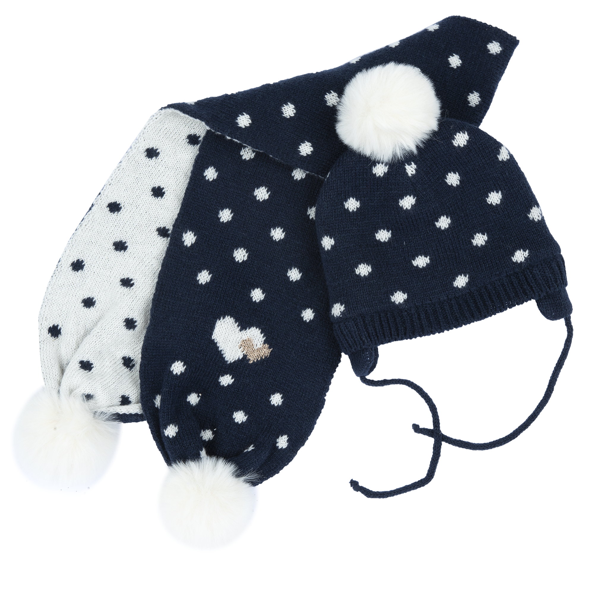 Cappellino CHICCO bambina modello cuffietta e sciarpa blu con pois panna