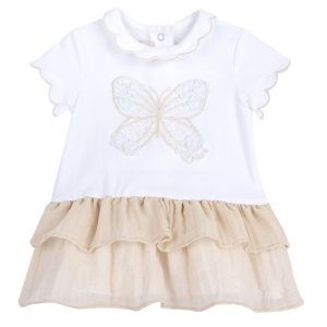 Abito CHICCO in cotone con balze in tulle e ricamo farfalla centrale
