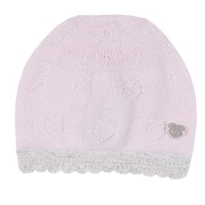 Cappellino CHICCO modello cuffietta in filo di cotone color rosa con profilo bianco-argento