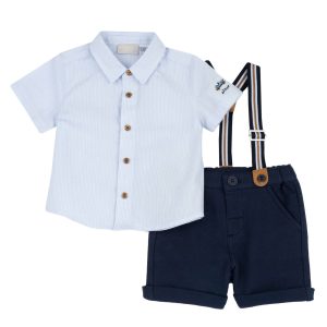 Completo estivo CHICCO per cerimonia neonato con camicia e pantaloncino blu con bretelle