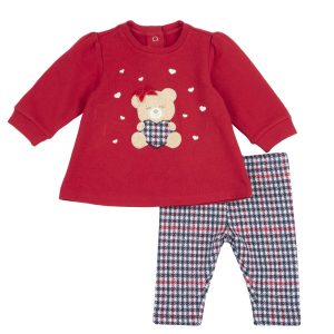 Completo CHICCO invernale con felpa girocollo rossa con orsetta e pantaloncino scozzese
