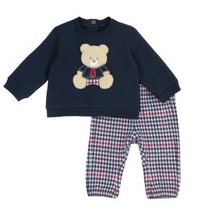 Completo CHICCO invernale con felpa girocollo blu con orsetto e pantaloncino scozzese