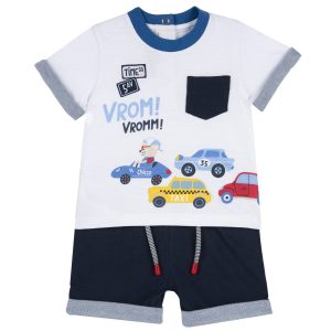 Completo CHICCO estivo per neonato modello bianco e blu tema macchinine