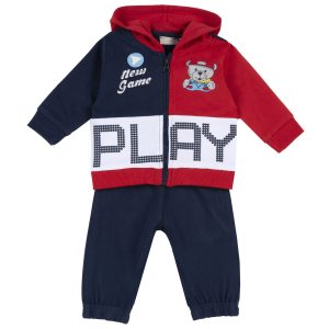 Completo CHICCO 2 pezzi: pantalone blu e felpa zip con cappuccio, tema orsetto