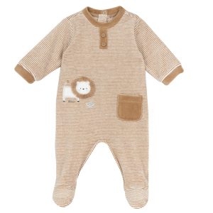 Tutina  CHICCO, manica lunga in morbida ciniglia, modello girocollo, color torroncino a righe con leoncino