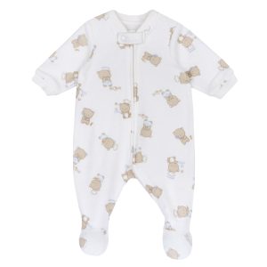 Tutina  CHICCO, manica lunga in morbida spugnetta, modello girocollo, color panna con animaletti azzurri