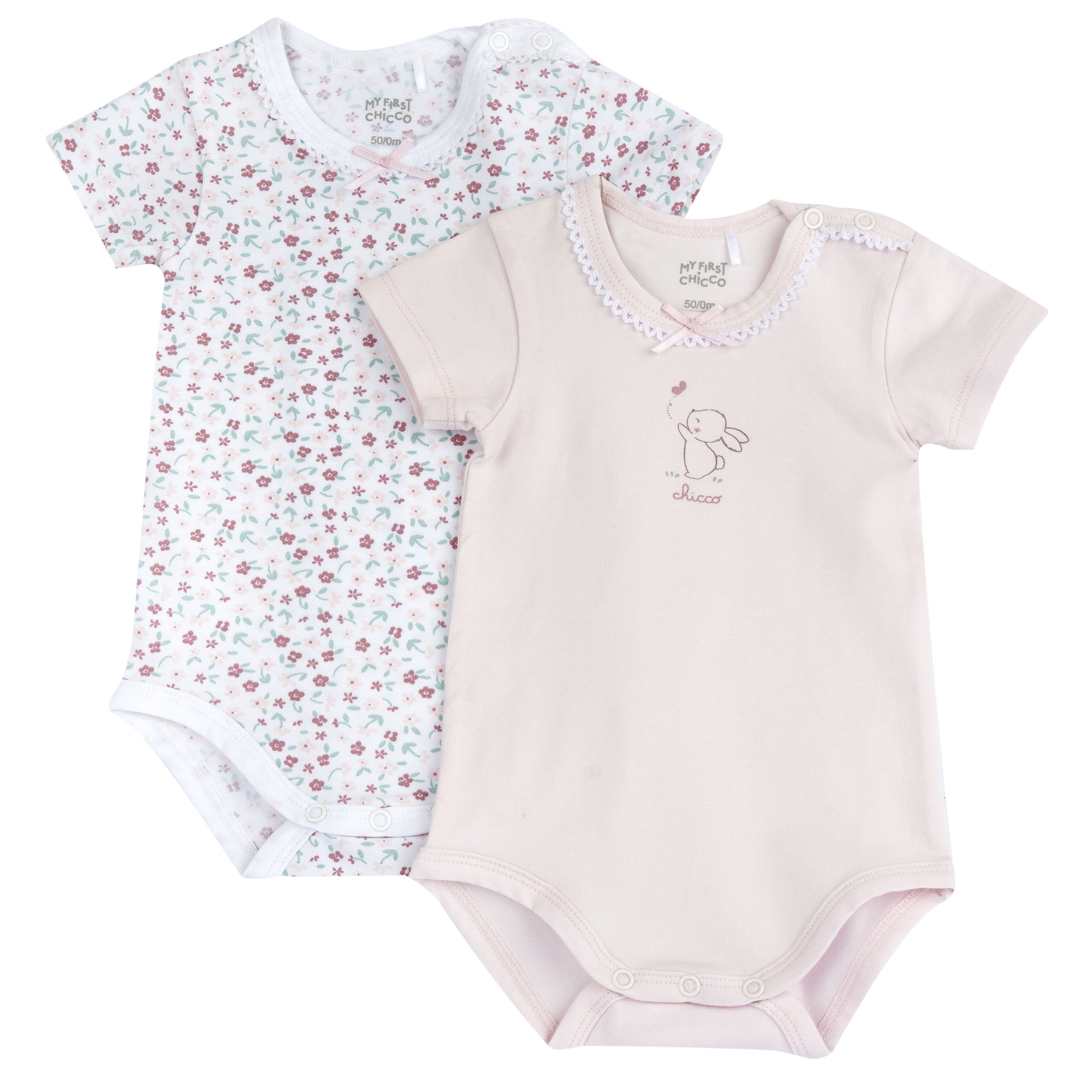 Set 2 body CHICCO mezza manica per neonata in cotone estivo. Disegno tenere conigliette e fiorellini