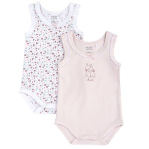 Set 2 body CHICCO spalla larga per neonata in cotone estivo. Disegno tenere conigliette e fiorellini