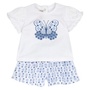 Completo  2 pezzi CHICCO estivo con t-shirt bianca con farfalla blu e pantagonna design fiorellini