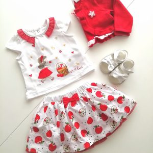 Completo chicco gonna + t-shirt, tema piccole mele rosse