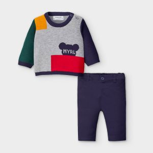 Completo invernale MAYORAL per neonato, maglioncino multicolor + pantalone blu