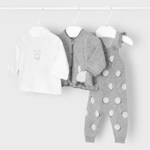 Set 3 pezzi invernali in tricot MAYORAL per neonata, t-shirt, salopette a pois e giacchina grigia