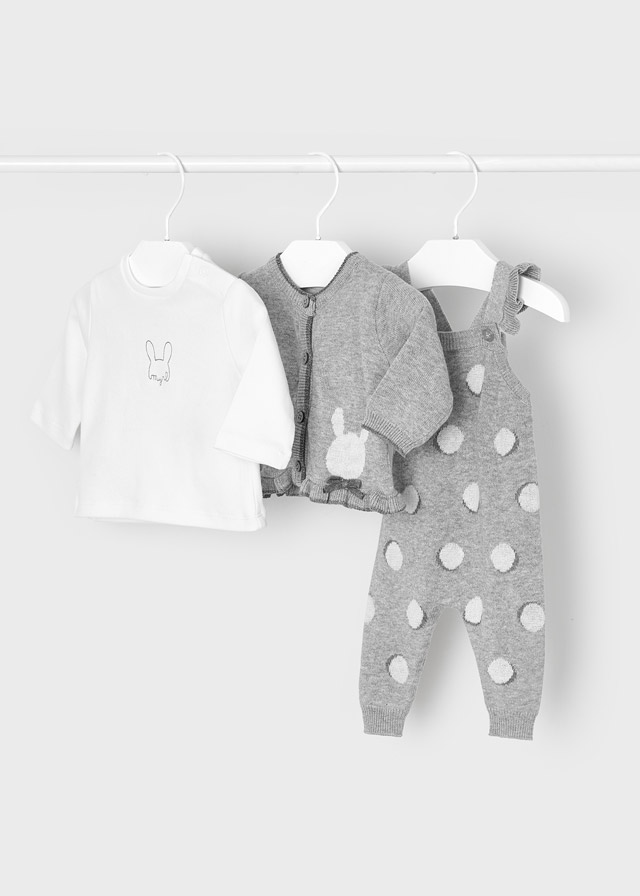 Set 3 pezzi invernali in tricot MAYORAL per neonata, t-shirt, salopette a pois e giacchina grigia