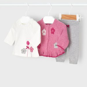 Set 3 pezzi invernali in tricot MAYORAL per neonata, t-shirt, pantalone e giacchina lampone