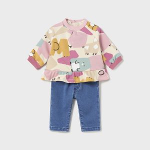 Completo MAYORAL invernale per neonata con felpa multicolore e pantalone felpa color jeans