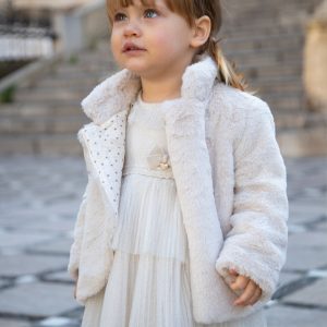 Abito MAYORAL Natale cerimonia per bambina color beige dorato trama lurex e doppio tulle plissettato