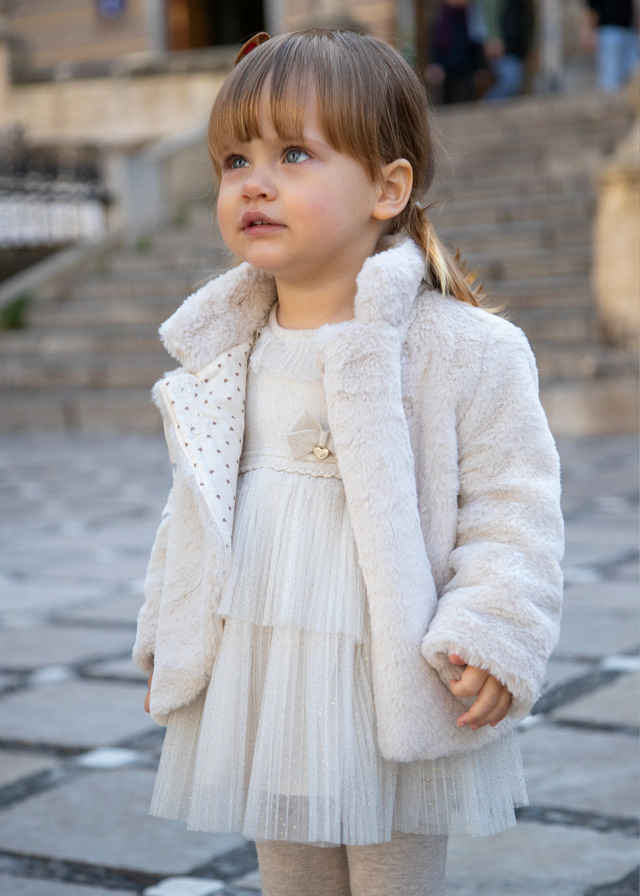 Abito MAYORAL Natale cerimonia per bambina color beige dorato trama lurex e doppio tulle plissettato - immagine 2