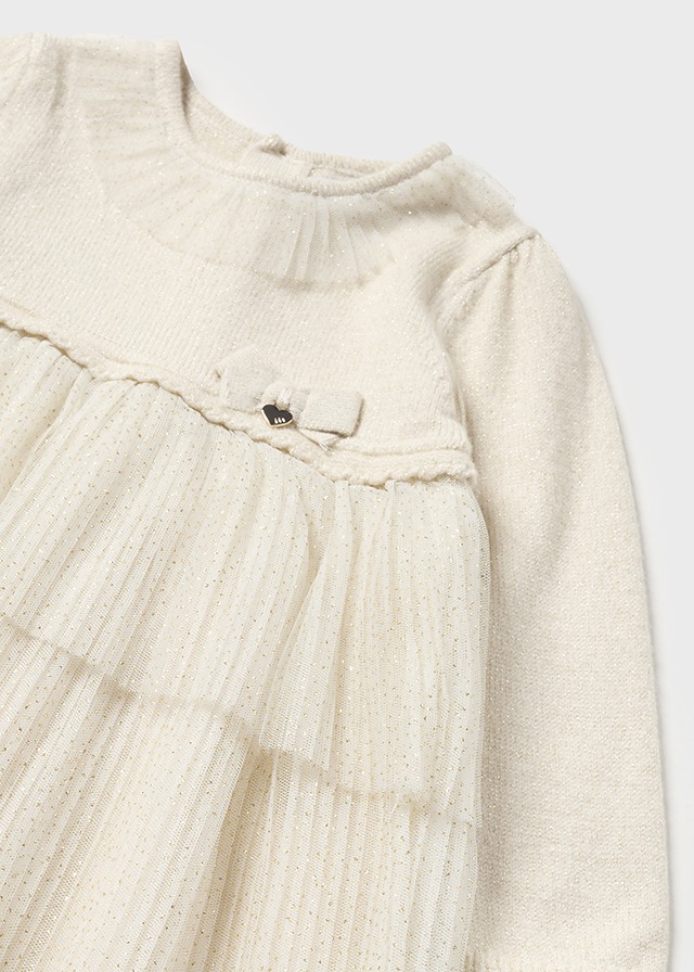 Abito MAYORAL Natale cerimonia per bambina color beige dorato trama lurex e doppio tulle plissettato - immagine 6