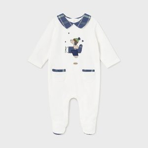 Tutina pigiamino MAYORAL, manica lunga, modello girocollo, color avorio con dettagli scozzesi blu