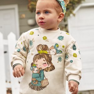 Abito MAYORAL in cotone invernale per bambina color ecrù con fiori verdi