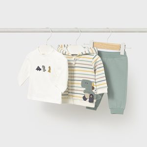 Completo  3 pezzi MAYORAL invernale con giacchina a righe tema draghetto, t-shirt e pantalone verde acqua