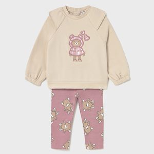 Completo  2 pezzi MAYORAL invernale con felpina ecrù e legging rosa con orsetti