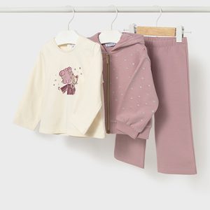 Completo  3 pezzi MAYORAL invernale con giacchina rosa a pois, maglietta volpina e pantalone a pois