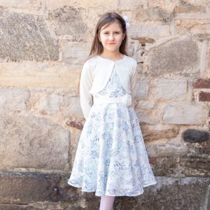 Abito cerimonia HAPPY GIRL per ragazza in chiffon color bianco in fantasia azzurra fiori