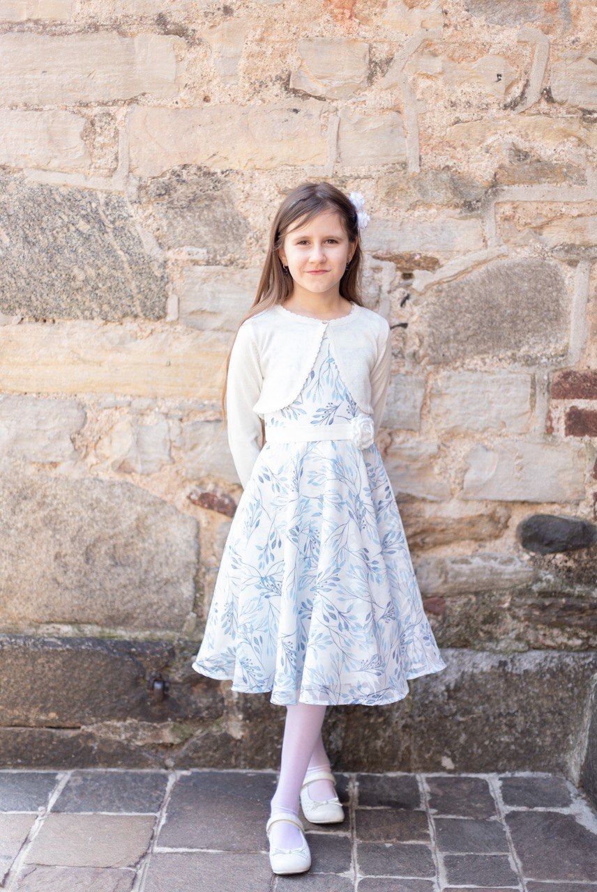 Abito cerimonia HAPPY GIRL per ragazza in chiffon color bianco in fantasia azzurra fiori - immagine 2