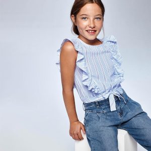Blusa giromanica MAYORAL per ragazza color bianco e azzurro, fiocco in vita