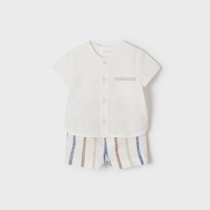 Completo MAYORAL  cerimonia in lino  per neonato con camicia corta e pantaloncino a righe