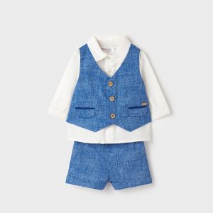 Completo MAYORAL  cerimonia in lino  per neonato con camicia lunga accorciabile, finto gilet e pantaloncino