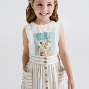 Canotta MAYORAL per bambina senza manica color panna con stampa centrale verde salvia con gatto